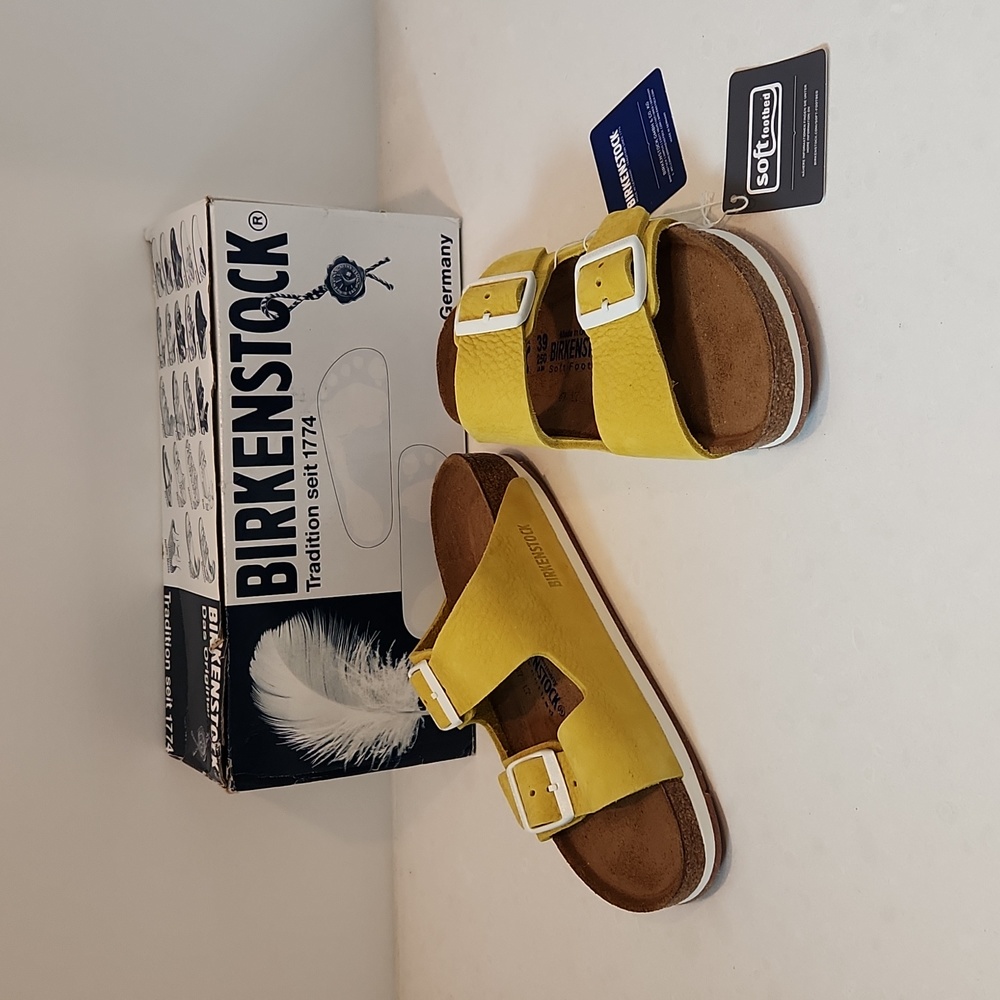 Birkenstock Arizona Sport, Nubuck, Yellow & White, Size 39 Narrow, Soft Footbed